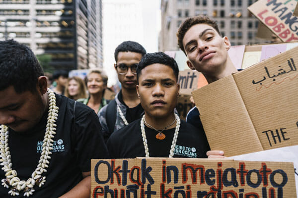 From left to right, Litokne Kabua, from the Marshall Islands, David Ackley III, from the Marshal Islands, Ranton Anjain, 17, from the Marshall Islands and Raslen JouBeli, 17 from Tunisia during the Climate Strike in NYC on September, 20, 2019. 

They are part of sixteen young people from around the world who brought a legal complaint about climate change to the United Nations. Their petition outlines how their human rights are being violated by the failure of nations to seriously address the climate crisis. Earthjustice and global law firm Hausfeld are representing the 16 youths in this matter. Petitioners attended the global climate strike on Sept. 20, 2019 in New York and then events throughout the weekend, culminating in a petition delivery on Sept. 23, 2019.